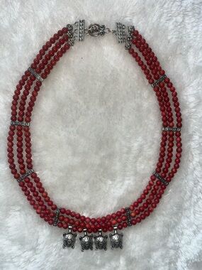 Handmade Red Beaded Multi-Strand Necklace with Mexican Silver Turtle Charms